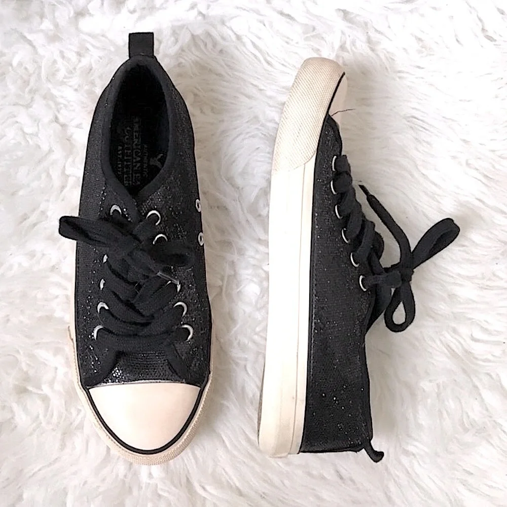 Sparkly Shoes AMERICAN EAGLE Chuck Taylor Style Shiny Black White Size 7